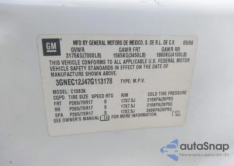 2007 Chevrolet Avalanche 1500 Lt z USA, uszkodzony, nr VIN 3GNEC12J47G113178